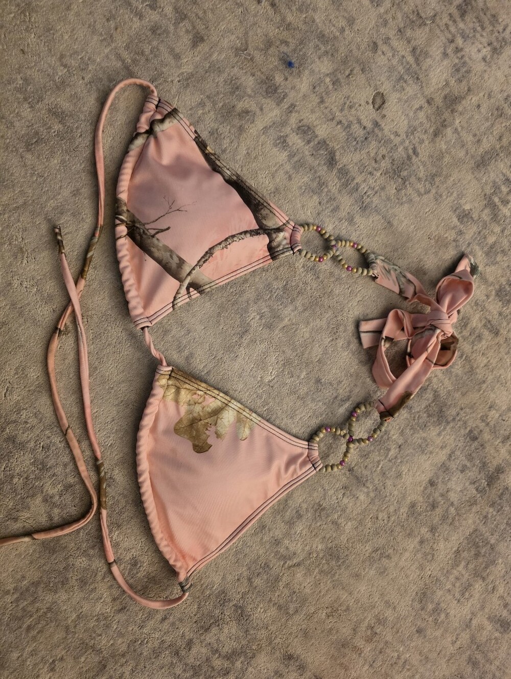Pink Camo Triangle Bikini Top with Beaded Ring Accents